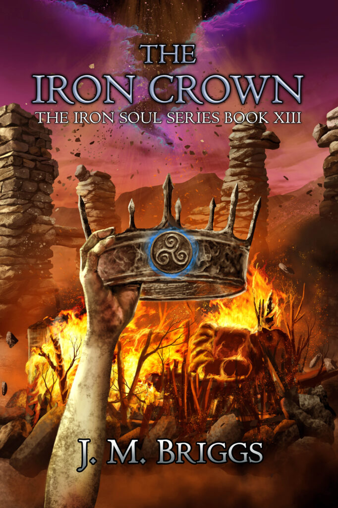 Image of a hand holding a roughly made iron crown in front of a burning pyre with a body. Above the pyre the sky is ripped open and full of debris.