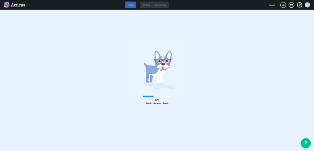 Atticus loading screen showing a small dog with glasses and the message Fetch... Atticus... Fetch.