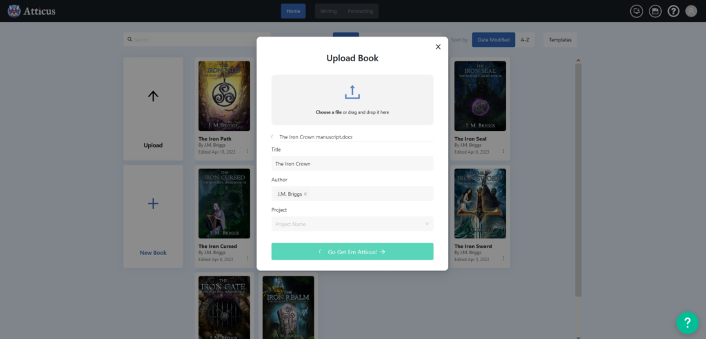 Image showing the upload book screen in Atticus.