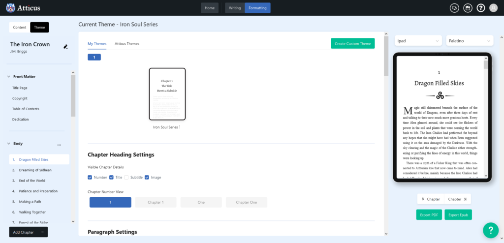 Image showing the custom template screen of Atticus with the first page of The Iron Crown visible.